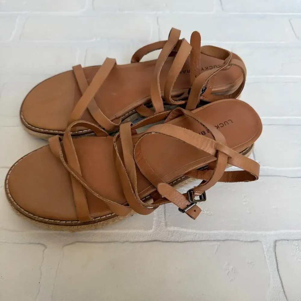 Lucky Brand Nemelli Light Tan Leather Strappy Gladiator Wedge Sandal sz 7.5